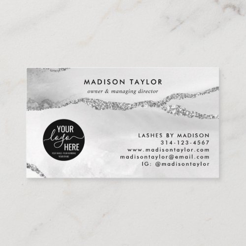 Silver Gray Glitter Agate Custom Logo Monogram Business Card