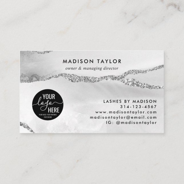 Silver Gray Glitter Agate Custom Logo Monogram Business Card (Back)