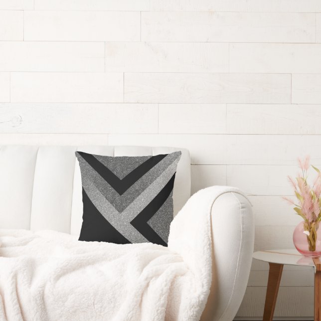 Silver Gray Glitter and Black Abstract Throw Pillow (Couch)
