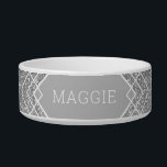 Silver Gray Glitter Art Deco Pattern Pet Name Bowl<br><div class="desc">Lovely neutral medium gray printed faux glitter pattern with an art deco-inspired modern geometric overlapping pattern with your cat or dog name printed directly on a white ceramic bowl.</div>
