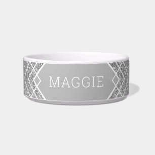 Silver Gray Glitter Art Deco Pattern Pet Name Bowl