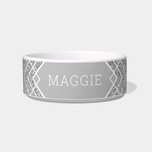 Silver Gray Glitter Art Deco Pattern Pet Name Bowl