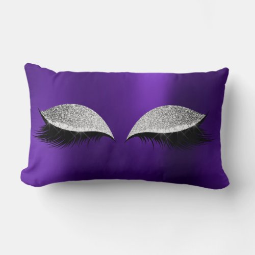 Silver Gray Glitter Black Glam Make Up Cat Purple Lumbar Pillow