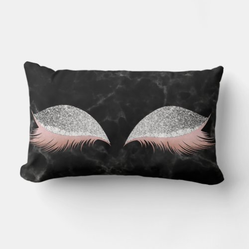 Silver Gray Glitter Black Glam Makeup Marble Black Lumbar Pillow