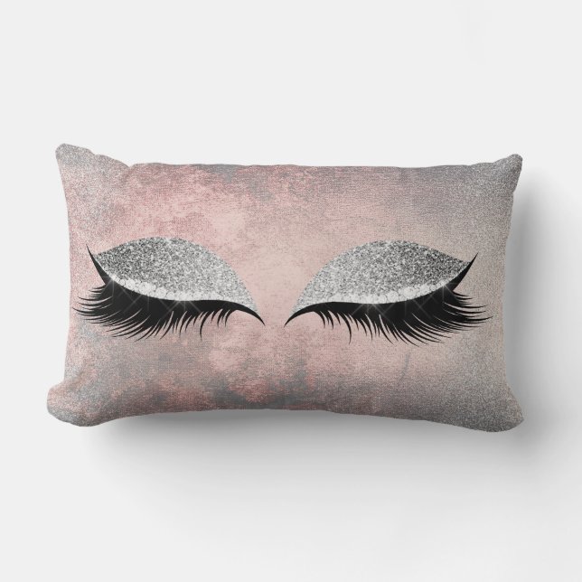 Silver Gray Glitter Black Makeup Crystals Pink Lumbar Pillow (Front)