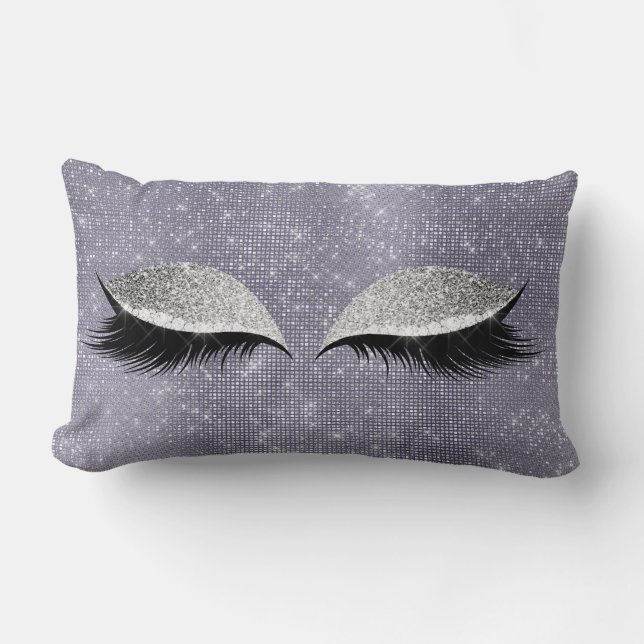 Silver Gray Glitter Black MakeUp Purple Sequin Lumbar Pillow (Front)