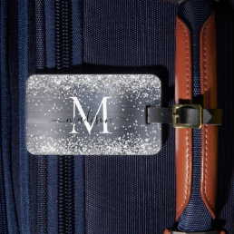 Silver Gray Glitter Brushed Metal Monogram Script Luggage Tag