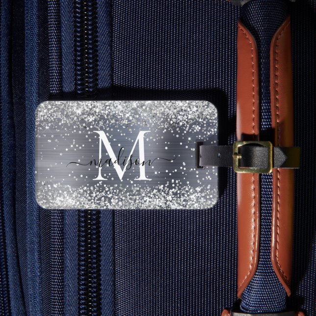 Silver Gray Glitter Brushed Metal Monogram Script Luggage Tag (Front Insitu 4)