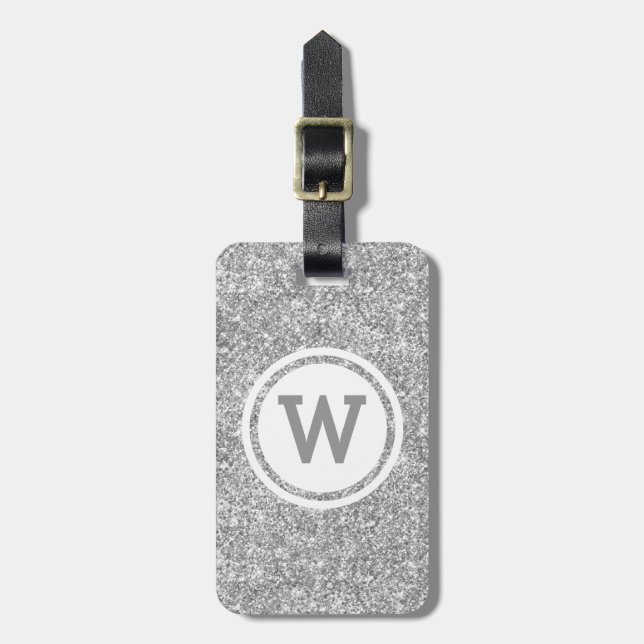 Silver Gray Glitter Circle Monogram Luggage Tag (Front Vertical)