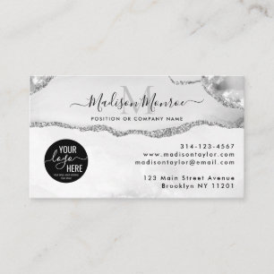 Silver Gray Glitter Custom Logo Agate Monogram Business Card