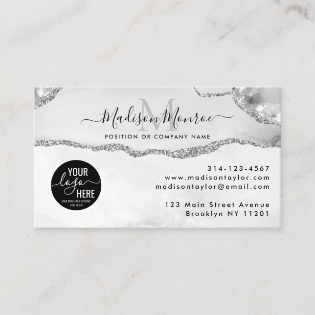 Silver Gray Glitter Custom Logo Agate Monogram Business Card (Front)