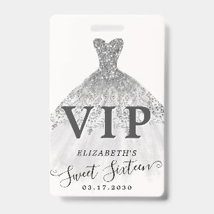 Silver Gray Glitter Dress Sweet 16 VIP Birthday Badge