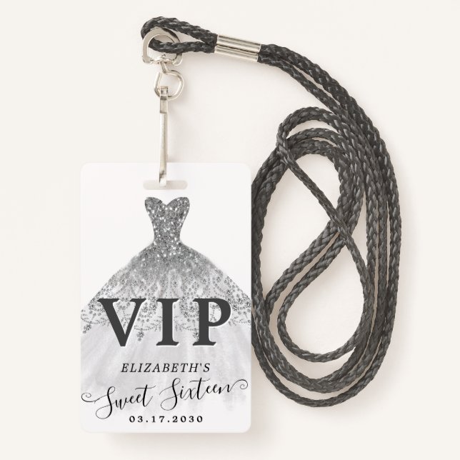 Silver Gray Glitter Dress Sweet 16 VIP Birthday Badge (Front with Lanyard)