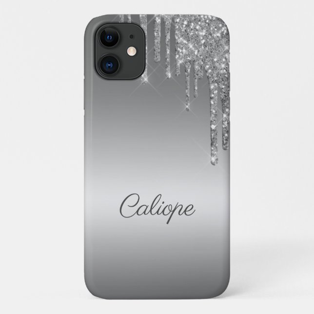 Silver Gray Glitter Drip Ombre Personalized Case-Mate iPhone Case (Back)