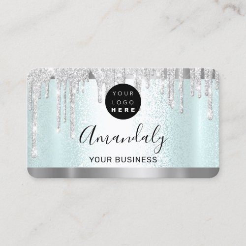 Silver Gray Glitter Drips Frame Qr Code Logo Aqua Business Card