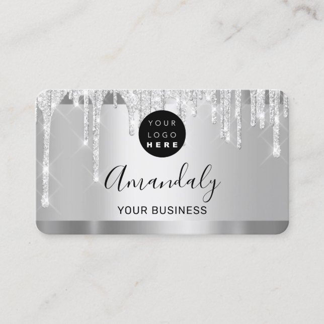 Silver Gray Glitter Drips Frame Qr Code Logo  Business Card (Front)