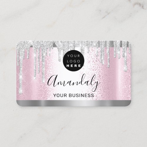 Silver Gray Glitter Drips Frame Qr Code Logo Pink  Business Card