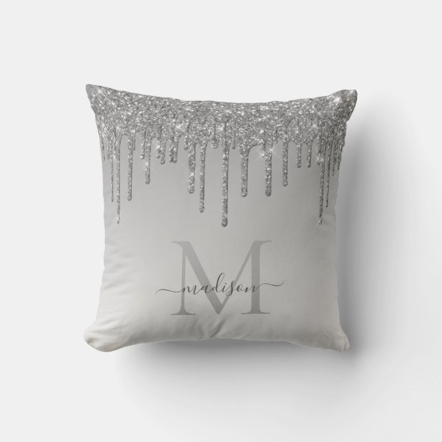 Silver Gray Glitter Drips Glam Monogram Script Throw Pillow (Front)