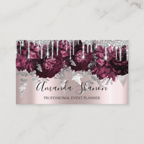  Silver Gray Glitter Drips Logo Event Planner Rose Business Card