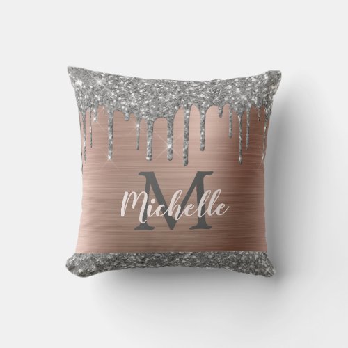 Silver Gray Glitter Drips Pink Metal Monogrammed Throw Pillow