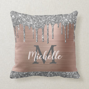Silver Gray Glitter Drips Pink Metal Monogrammed Throw Pillow