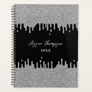 Silver Gray Glitter Drips Signature Script Planner