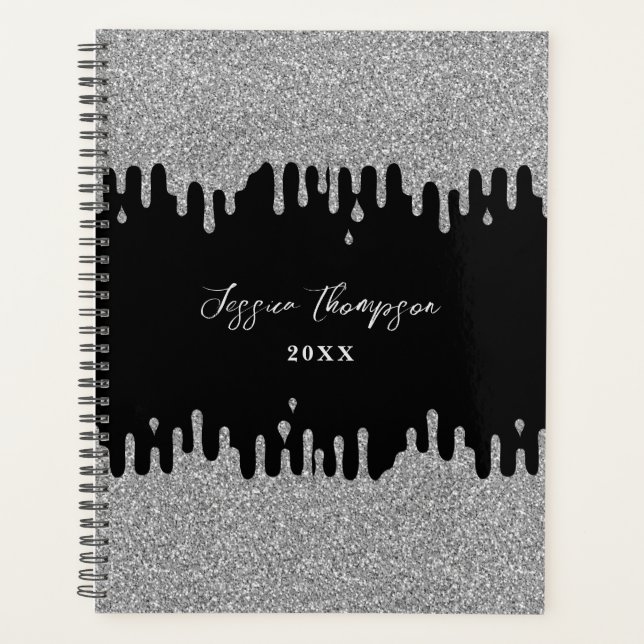 Silver Gray Glitter Drips Signature Script Planner (Front)