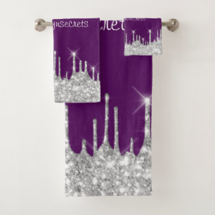 Silver Gray Glitter Effect Drips Plum Purple Name Bath Towel Set