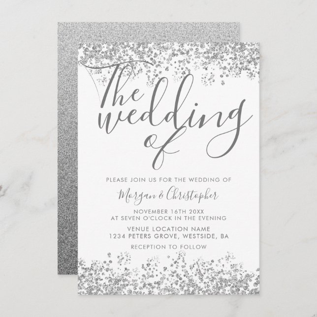 Silver Gray Glitter Elegant Modern Wedding Invitation (Front/Back)