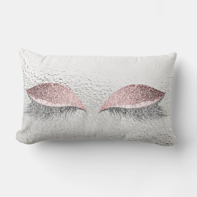 Silver Gray Glitter Eyes Pink Glam Makeup Glass Lumbar Pillow (Front)