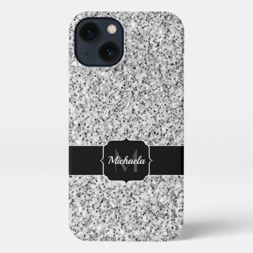 Silver gray glitter faux sparkles Monogram iPhone 13 Case