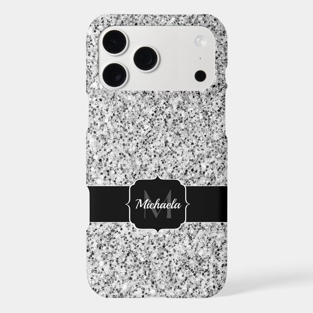 Silver gray glitter faux sparkles Monogram iPhone Case (Back)