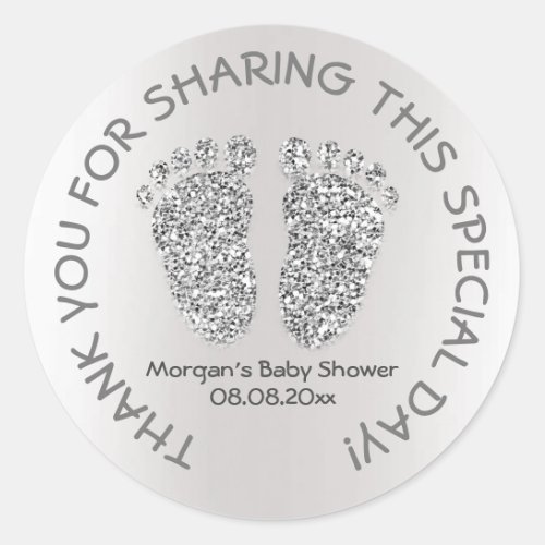 Silver Gray Glitter Feet Baby Shower Favor Thank Classic Round Sticker