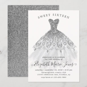 Silver Gray Glitter Glam Dress Sweet 16th Birthday Invitation