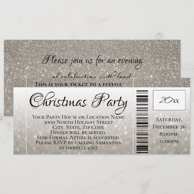 Silver Gray Glitter Holiday Christmas Party Ticket Invitation (Front/Back)