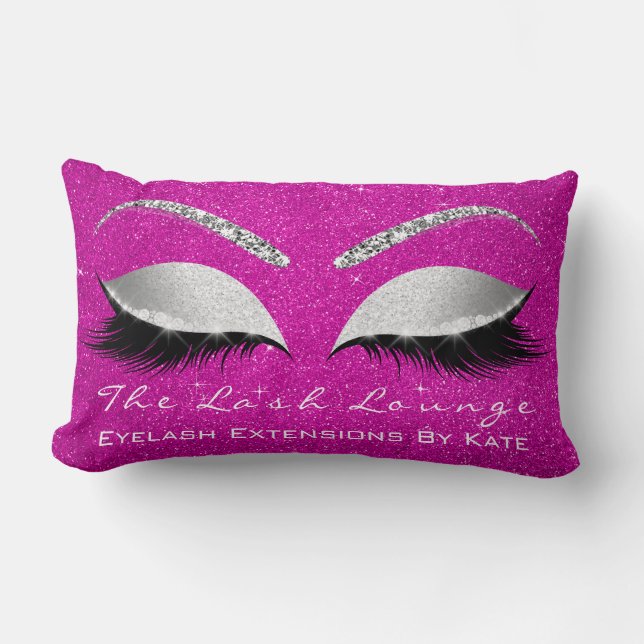 Silver Gray Glitter Hot Pink Rose Makeup Eye Lash Lumbar Pillow (Front)