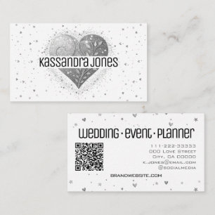 Silver Gray Glitter Love Heart Shape White Chic Business Card