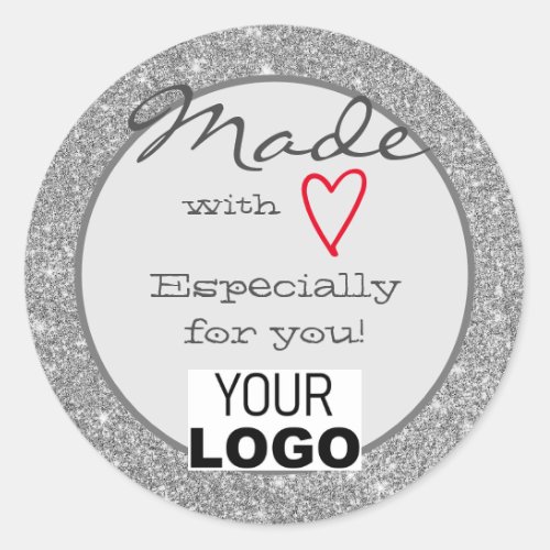 Silver Gray Glitter Made with Love Red Heart Logo Classic Round Sticker
