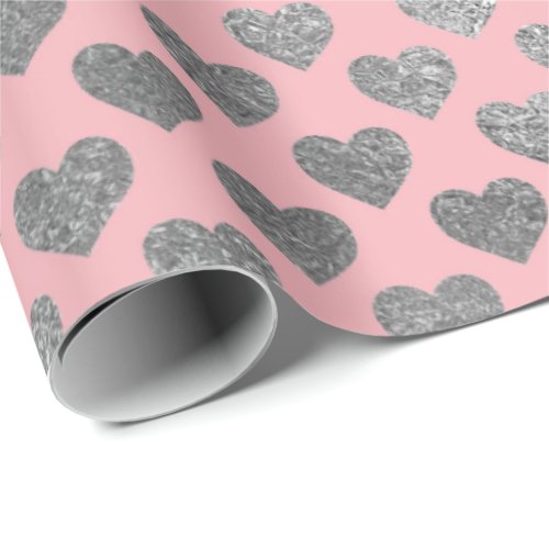 Silver Gray Glitter Metallic Pink Blush Hearts Wrapping Paper