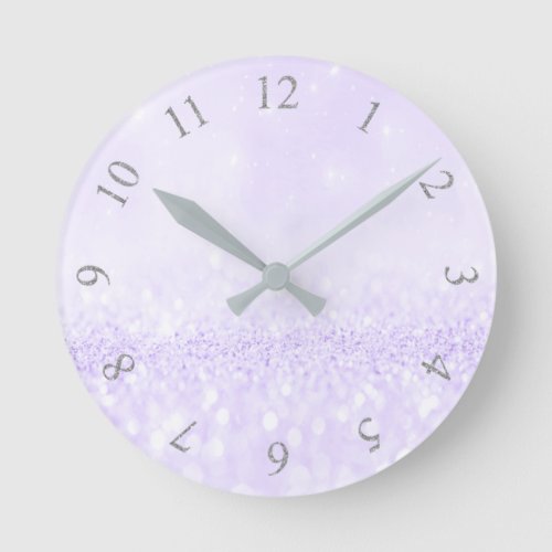 Silver Gray Glitter Minimal Lavender Purple Round Clock