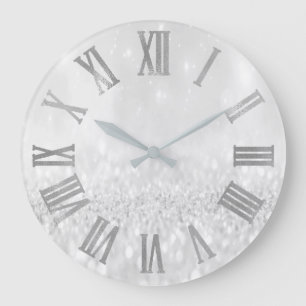 Silver Gray Glitter Minimal Metallic Roman Numers Large Clock