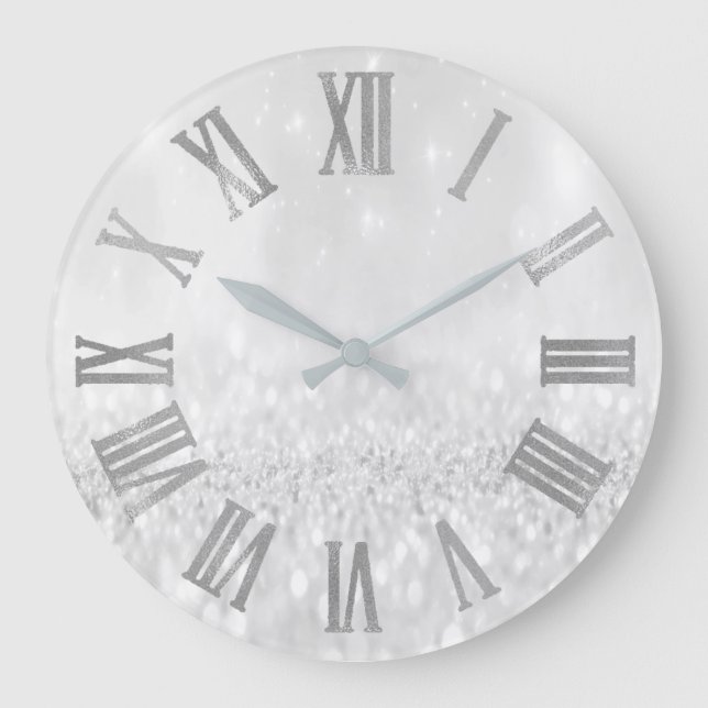Silver Gray Glitter Minimal Metallic Roman Numers Large Clock (Front)