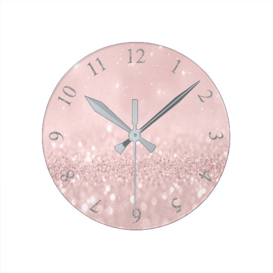 Silver Gray Glitter Minimal Pink Rose Blush Round Clock