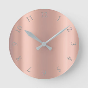 Silver Gray Glitter Minimal Pink Rose Copper Peach Round Clock