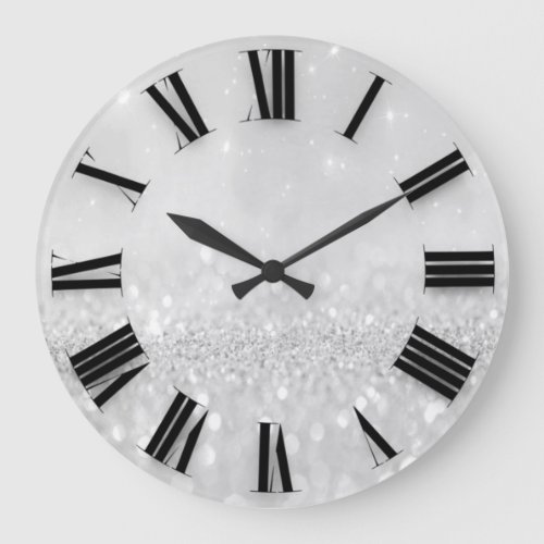 Silver Gray Glitter Minimal Roman Numbers Large Clock