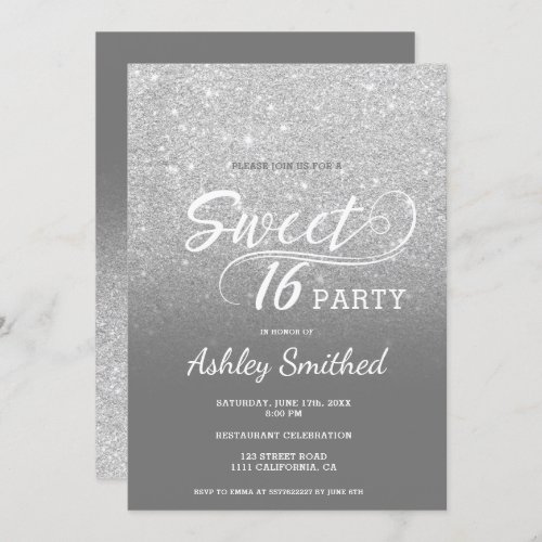 Silver gray glitter ombre purple Sweet 16 Invitation