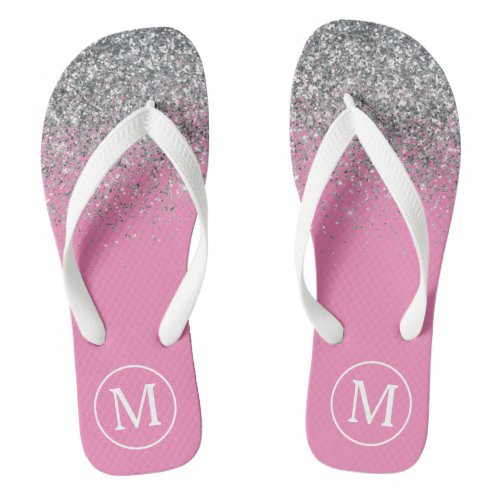 Silver_Gray Glitter Pink Monogram Flip Flops