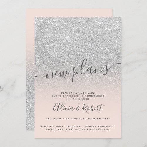 Silver gray glitter pink postponed new plans invitation