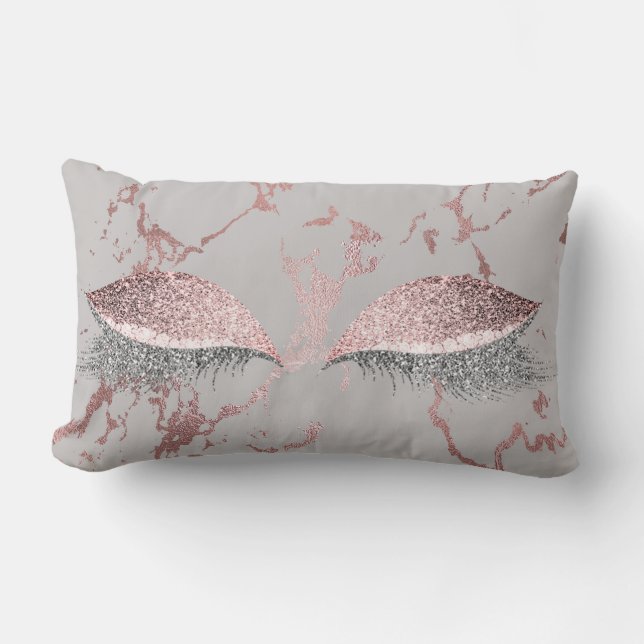 Silver Gray Glitter Rose Gold Pink  Makeup Marble Lumbar Pillow (Front)