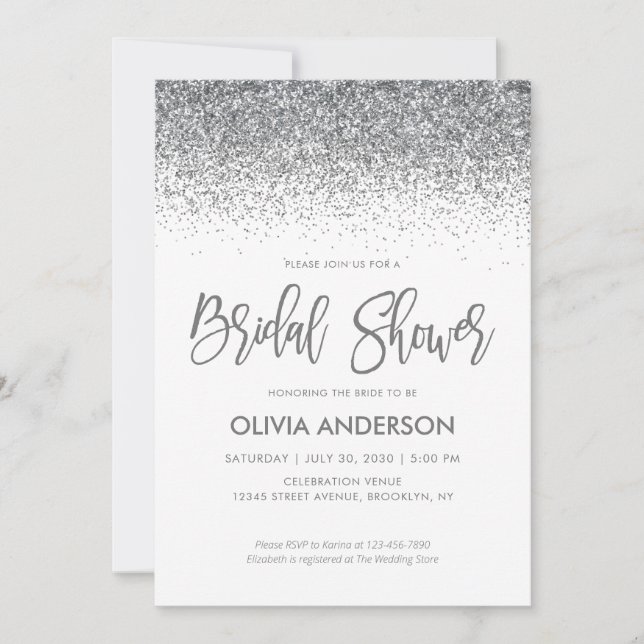 Silver Gray Glitter Sparkle Confetti Bridal Shower Invitation (Front)
